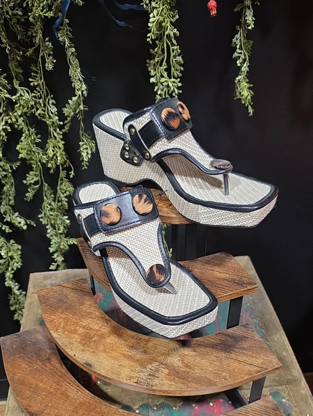 Woven Natural Wedge Thong Sandals with Black Trim